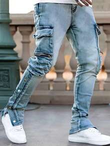 Jeans casual in denim con molteplici tasche, adatti per uso quotidiano, design semplice da uomo - Lavaggio chiaro - Visualizzare 5