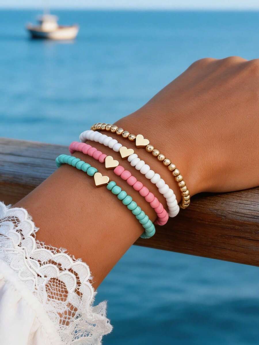 4pcs Set Elegant Minimalist Bohemian Style Beaded Heart Bracelets, Versatile For Women To Wear Casually, To Parties, Music Festivals, Beach Vacations - Multicolor - View 1