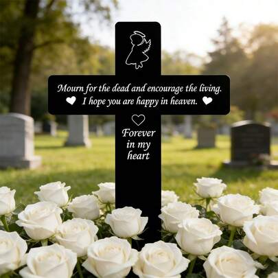 1/2pcs Acrylic Cross-Shaped Memorial Grave Marker With Dove & Angel Motif, Waterproof & UV-Resistant, Suitable For Graveside, Tombstone, Garden, Yard Commemoration