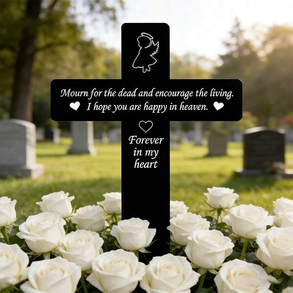 1/2pcs Acrylic Cross-Shaped Memorial Grave Marker With Dove & Angel Motif, Waterproof & UV-Resistant, Suitable For Graveside, Tombstone, Garden, Yard Commemoration