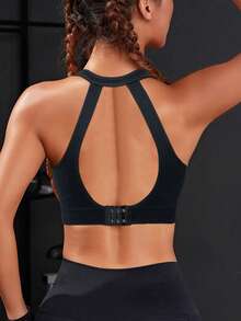 Áo ngực thể thao nữ không đường may, màu trơn, cổ tròn, thích hợp cho tập yoga, tập thể dục, có đệm mút tháo rời, kiểu dáng thời trang, chất liệu dệt kim. - màu đen - Xem 3