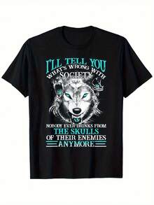 Funny Wolf Viking I'll Tell You What's Wrong With Society Bold Statement Printed T-Shirt, Men's Printed T-Shirt 220g, 100% Cotton, Round Neck Casual Men's Outdoor Short-Sleeved T-Shirt, Vintage Classic Street Men's Short-Sleeved T-Shirt, New Year, Father's Day,Halloween, Christmas, Daily Four Seasons Wear, Holiday Gifts - màu đen - Xem 1