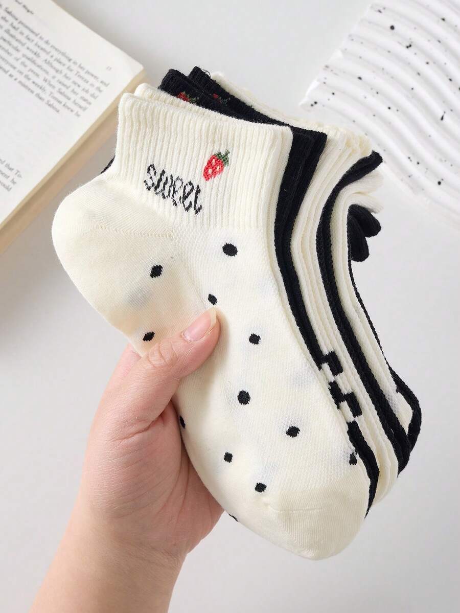 5双装草莓波点黑白女士短袜，防滑透气，适合春夏穿着 - 黑與白 - 查看 1