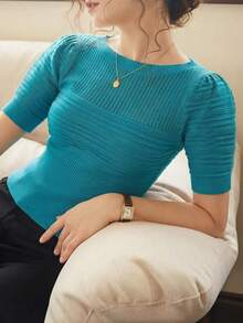 Knit Mix Elegant Women's French Retro Style Knitted Puff Sleeve Top, Spring/Summer Round Neck Fitted T-Shirt Simple Retro Vintage Style Random Pattern Fall - Lake Blue - View 3