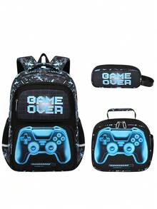 1 Set Kids Backpack With Cool Graphic, Game Controller Print Backpack With Lunch Bag, Zipper Closure, Multi-Pocket Design, Suitable For Daily Wear, Camouflage Blue/Red Set - A - View 14