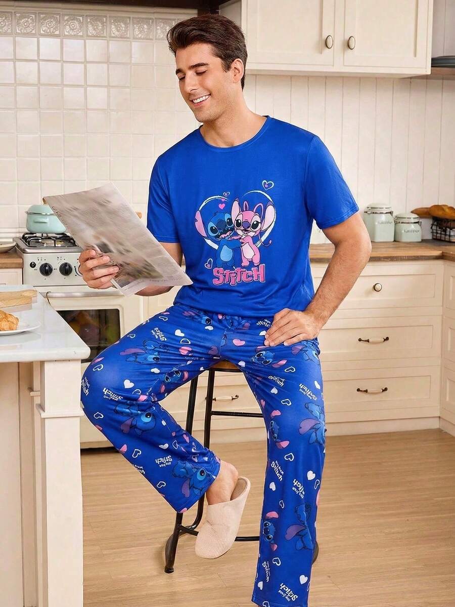 Disney 情人节情侣睡衣套装(两件套),柔软短袖长裤睡衣套装,舒适休闲家居服 - 藍色 - 查看 1