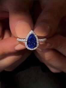 1pc Fashionable Cubic Zirconia Ring, Women's Wedding Engagement Party Jewelry, Valentine's Day Gift - Royal Blue - View 3