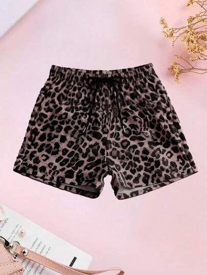 Women's Summer Outdoor Casual Leopard Print Shorts With Drawstring Waist And Side Pockets, Suitable For Leisure, Camping, Office, Party And Other Occasions