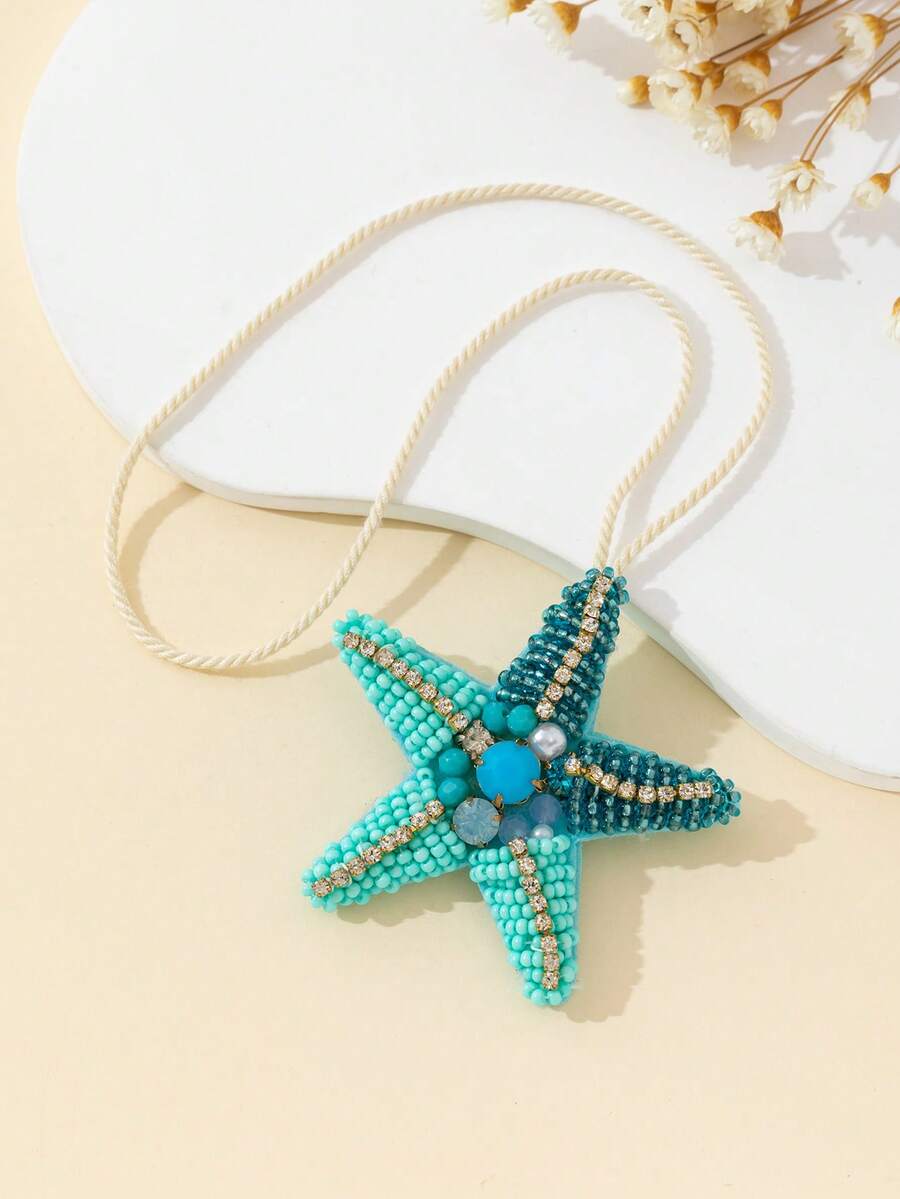 1pc Handmade Faux Pearl & Rhinestone Starfish Shaped Decorative Pendant For Women Bags Purse Charm Purse Accessories Tropical Cute Girly Stuff Car Essentials Car Decoration Kawaii Vacation Essentials Bag Accessories - Turquoise - View 1