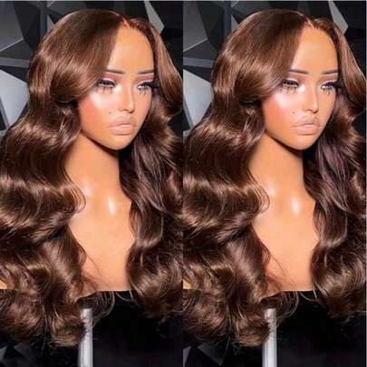 34 Inch #4 Chocolate Brown Mixed Human Hair Lace Front Wig, 200% Density 13x4 Wavy Lace Front Wig, Pre-Plucked Lace Front Wig, For Women