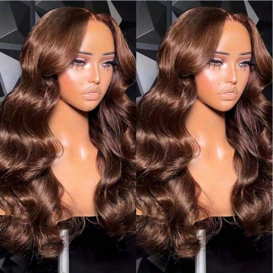 34英寸#4巧克力棕色混发蕾丝前假发，200%密度13x4波浪蕾丝前假发，预先拔毛蕾丝前假发，女士款 - 棕色 - 查看 1