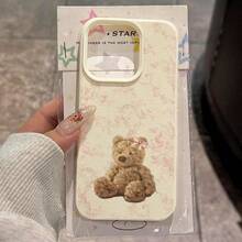 1 pieza Funda de teléfono con diseño de oso de peluche y lazo en color rosa suave de material TPU, compatible con iPhone 17 Pro Max/17/16 Pro Max/15/13/12/11, S20 FE/A15/S24/A55, Note 11/12/13 Pro, con cobertura completa y protección suave anti-caídas - Blanco - Ver 1