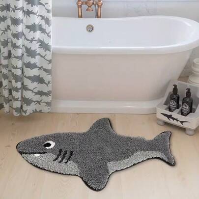 1pc Cartoon Shark Shaped Rug, Ocean Style Entrance Hallway Decor Mat, Gray & Black Color Blocking, Cool & Fun Style, Suitable For Bedroom Bedside, Bathroom Entrance, Entryway, Multiple Sizes Available, Decorative Carpet, Bedroom Decor, Small Rug, Carpet, Home Decor, Living Room Rug, Living Room Small Rug, Bedroom Rug, Living Room Home Decor, Outdoor Rug, Washable Rug, Irregular Size, 1-5cm Trimming Tolerance