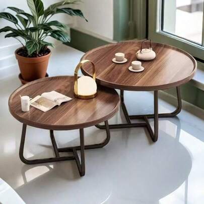 Juego De 2 Mesa De Centro Auxiliar Redonda Madera Para Sala Marrón Claro