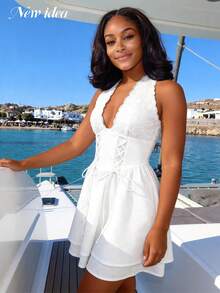 Women Elegant White Lace Halter Mini Dress, Deep V Neck High Waist Drawstring Design, Summer Hit, Suitable For Summer Beach Vacation Party - White - View 4