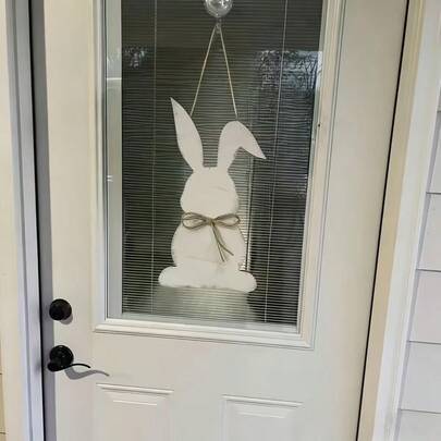 2D Printed 1pc Vintage Easter Bunny Door Hanger, Charming Easter Rabbit, Faux Floral Blue Bow Wooden Pattern, For Living Room, Bedroom And Door Decor, Easter Gift