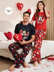 Disney Bộ đồ ngủ ngắn tay 2 món dễ thương dành cho nữ nhân dịp Lễ Tình nhân, đồ mặc nhà mềm mại và ngọt ngào. - Đỏ - Xem 2