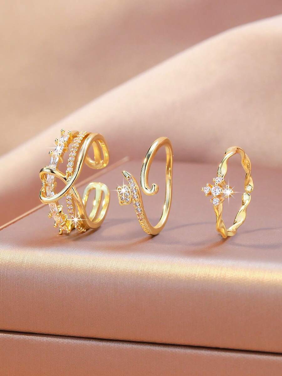 3pcs Set Gold Cubic Zirconia Heart & Cross Adjustable Rings, Luxury Crystal Rings For Women - Gold - View 1