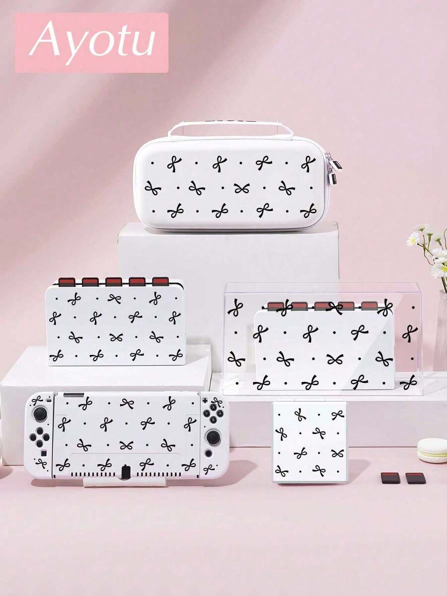 Ayotu Bowknot & Polka Dot Pattern Accessories Set For Nintendo Switch/Switch OLED/Switch Lite, Including Protective Case, Storage Bag, Console Shell, Dust Cover, Game Card Case, Controller Grip, Suitable For Christmas, Valentine's Day, Back To School And Other Occasions