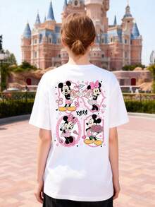 Disney Mickey & Minnie Mouse Valentine's Day "XOXO" Graphic Women's Short Sleeve T-Shirt Sweet & Romantic Casual Top - trắng - Xem 3