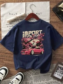 Summer New Casual Funny Racing Car & Flower Print Round Neck Short Sleeve T-Shirt, Fashionable Versatile Women's Top - Navy - View 2