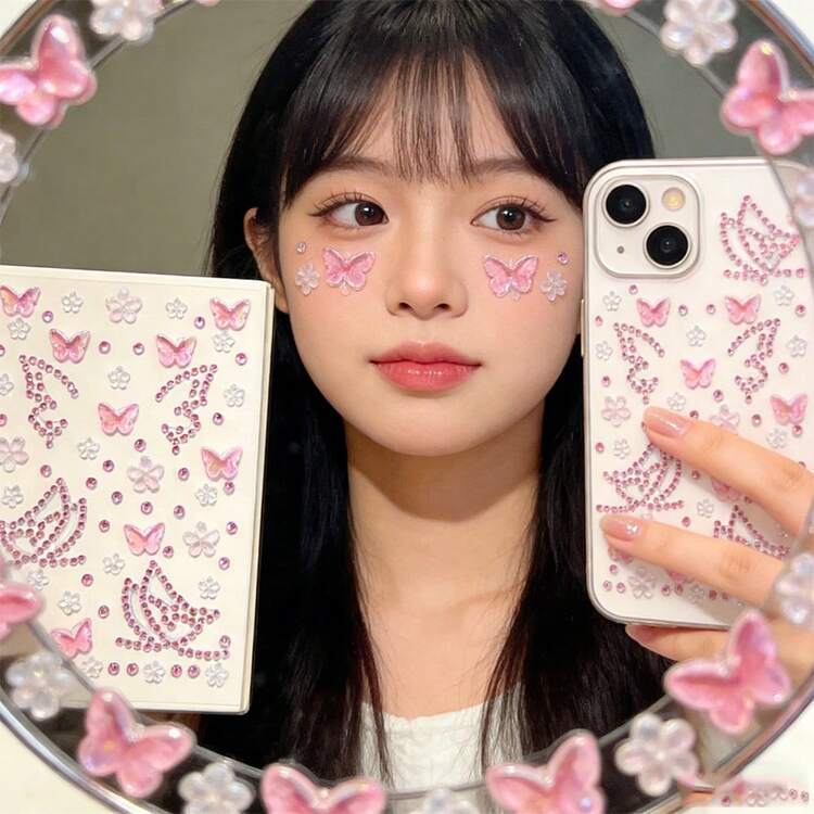 3D蝴蝶花朵水钻脸贴，自粘粉色银色全息宝石脸贴，可重复使用的面部装饰，适用于音乐节、万圣节、角色扮演、婚礼和日常妆容 - 彩色 - 查看 3