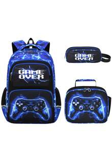 1 Set Kids Backpack With Cool Graphic, Game Controller Print Backpack With Lunch Bag, Zipper Closure, Multi-Pocket Design, Suitable For Daily Wear, Camouflage Blue/Red Set - A - View 1