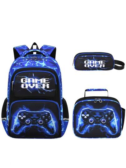 1 Set Kids Backpack With Cool Graphic, Game Controller Print Backpack With Lunch Bag, Zipper Closure, Multi-Pocket Design, Suitable For Daily Wear, Camouflage Blue/Red Set