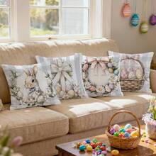 4pcs Vintage Geometric Plaid Rabbit & Easter Egg Pattern Pillow Cover, Single-Sided Printed Cushion Cover, Suitable For Living Room, Bedroom, Home Decor, All Seasons - Multicolor - View 5