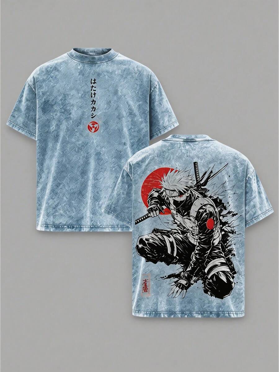 This Pedestal Will Not Be Upgraded.Anime Double Print Retro Washed T-Shirt, Anime And Comic Strip Washed Heavyweight Cotton T-Shirt, A Gift For Anime Fans And Enthusiasts. - 藍色 - 查看 1