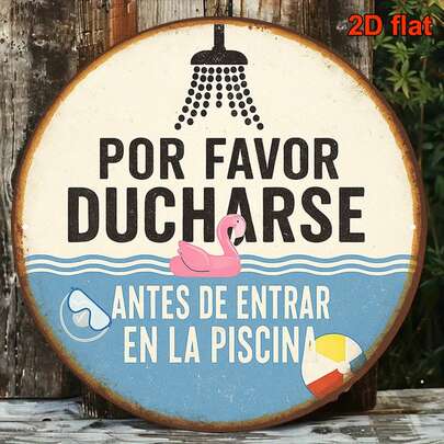 Biển báo kim loại phẳng 2D, thiết kế hình tròn với kiểu dáng cổ điển, khắc chữ: "Vui lòng tắm trước khi vào hồ bơi." Biển báo này là lựa chọn lý tưởng để nhắc nhở mọi người về các quy định của hồ bơi.