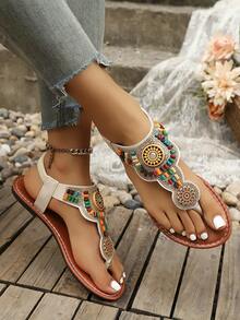 2026 New Plus Size Rhinestone T-Strap Thick Bottom Sandals, Elastic Band Beaded Beach Slippers For Women - Beige - View 3