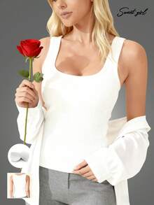 Áo camisole cổ chữ U màu trắng đa năng, gợi cảm, tối giản, ôm sát, thoáng khí, thích hợp mặc ngoài/trong, áo không tay hở lưng có đệm ngực, áo vest thể thao thường ngày. - trắng - Xem 7