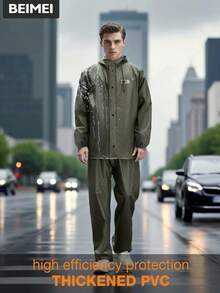 Men's Rain Suit, Black Thickened Adult Motorcycle Rain Jacket, Suitable For Cycling, Outdoor Work And Hiking. Made Of PVC Material, Slim Fit Design. - Men's Raincoat - View 5