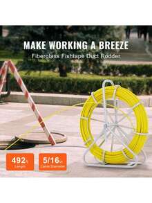 Fish Tape Fiberglass, 492 Ft, 5/16 In, Duct Rodder Fishtape Wire Puller, Cable Running Rod With Steel Reel Stand, 3 Pulling Heads, Fishing Tools For Walls And Electrical Conduit, Non-Conductive - Yellow - View 2