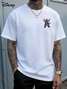 Disney Authorized Lilo & Stitch Rocking Bass Print Men's T-Shirt, Crew Neck, Casual And Comfortable, Breathable And Lightweight, Stylish Streetwear, Men's Casual Top - White - View 2