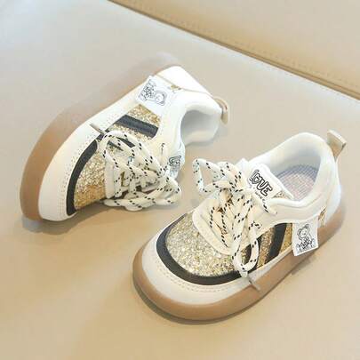 1 Pair Kids' Casual Sneakers, Glitter Patchwork Colorblock, Non-Slip Rubber Sole, Breathable Mesh, Suitable For All Seasons
