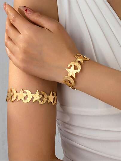 两件套首饰，新款中东和欧洲风格星月手链臂环，镀金属不对称星月手链臂环