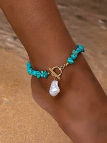 1 pieza Tobillera con colgante de perla y cadena de piedra, estilo sexy de playa para mujeres - Azul - Ver 7