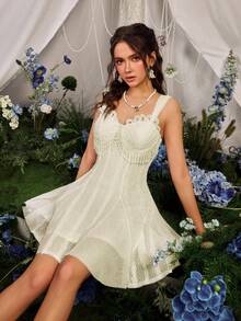 Faeriesty Chic Lace Panel Tassel Women's Mini Evening Dress – Elegant Sleeveless Gown Featuring Delicate Lace Stitching, Perfect For Parties, Banquets, Weddings, Proms, And Gala Events - Beige - View 10