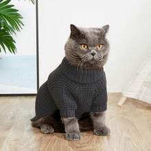 Gray Waffle Dog Knit Sweater, Foldable High Neck Ribbed Cuffs, Thick Warm Washable - Grey - View 5