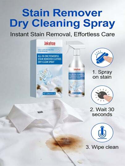 jakehoe 这款干洗喷雾无需水洗即可快速分解衣物上的顽固污渍、油渍和斑点。只需喷洒擦拭，即可轻松恢复衣物洁净状态。它适用于各种日常面料，在清洁过程中温和呵护织物纤维，不会损伤衣物或留下水渍，并能保持衣物原有的颜色和质地。操作简便，无需复杂步骤，方便居家收纳和外出应急使用。