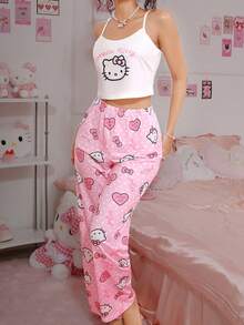 SANRIO Pajamoom 2pcs Hello Kitty Women Pajama Set, Pink & White, Camisole + Pants, Polka Dot + Letter + Heart Print, Cute Sleepwear Set, Casual Loungewear - Pink - View 1