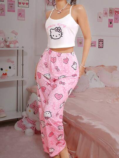 Sanrio 2 piezas Conjunto de pijama de mujer Hello Kitty, rosa y blanco, camiseta + pantalones, estampado de lunares + letras + corazones, conjunto de ropa de dormir linda, ropa de estar en casa casual