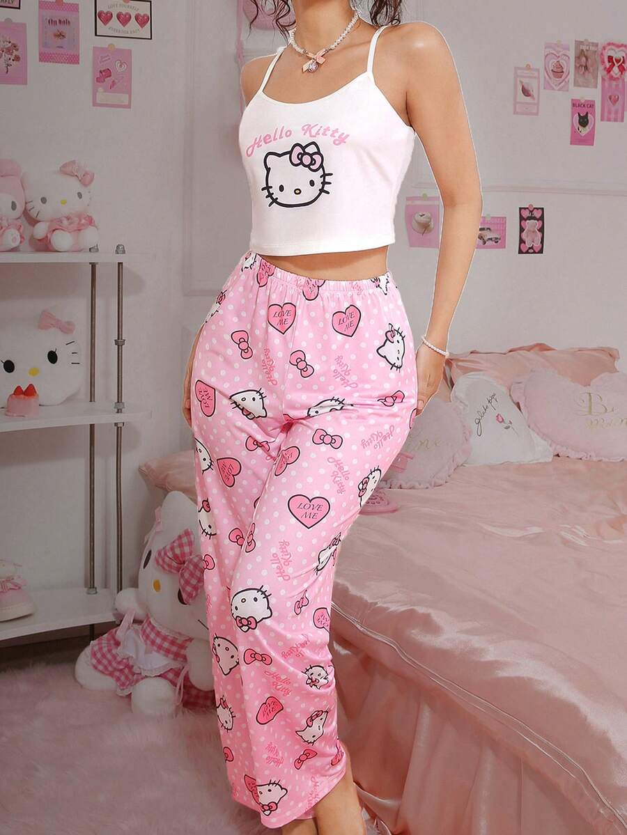 SANRIO Pajamoom 2pcs Hello Kitty Women Pajama Set, Pink & White, Camisole + Pants, Polka Dot + Letter + Heart Print, Cute Sleepwear Set, Casual Loungewear - Pink - View 1
