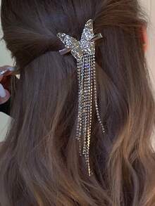 1pc Rhinestone Tassel Butterfly Hair Clip, Elegant Side Bangs Hairpin - Multicolor - View 7