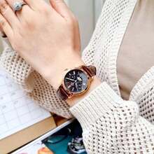 Orient 女士奢华玫瑰金腕表，带月相显示、多功能日期子表盘、经典罗马数字时标、深棕色皮革表带，优雅商务及婚礼等正式场合腕表 - 黑色 - 查看 2