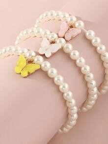 Butterfly Pendant Faux Pearl Bracelet Girls Summer New Bracelet Jewelry 3pcs Set Gift - one-size - View 2