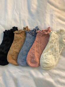 5 Pairs Heart Pattern Lace Trim Women's Ankle Socks, Non-Slip Breathable, Suitable For Spring And Summer - Multicolor - View 2