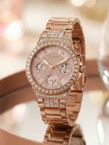 Guess Women's Luxury Rose Gold "Diamond" Watch, Pink Crystal Embedded Dial With Rectangular Diamond Inlay, Sparkling Party Wristwatch GW0320L6 - Rose Gold - View 5